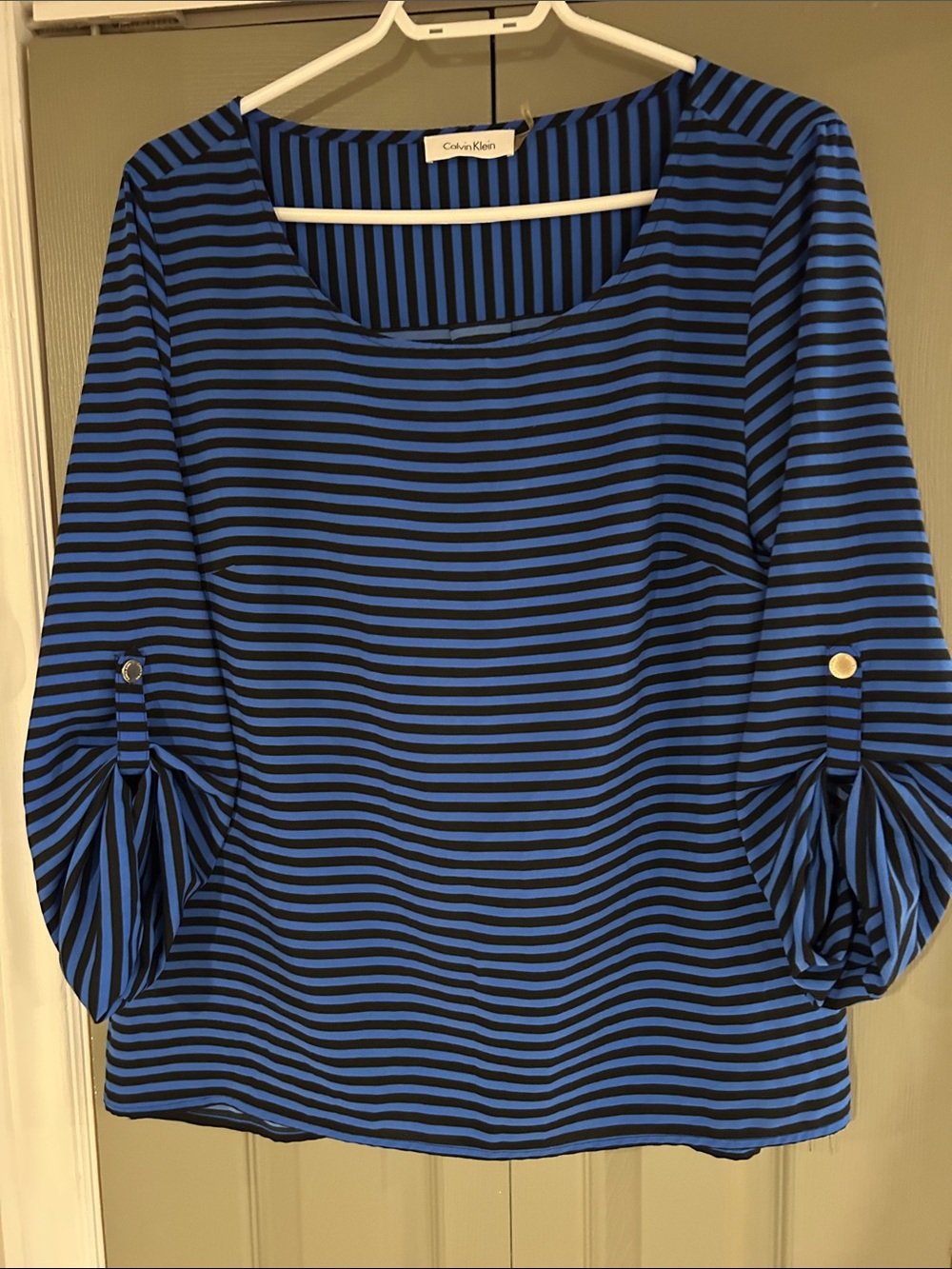 Calvin Klein Blue and Black Striped Scoop Neck Blouse